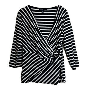Jones New York Womens Faux Wrap Knit Top Large Black White Striped 3/4 Sleeves